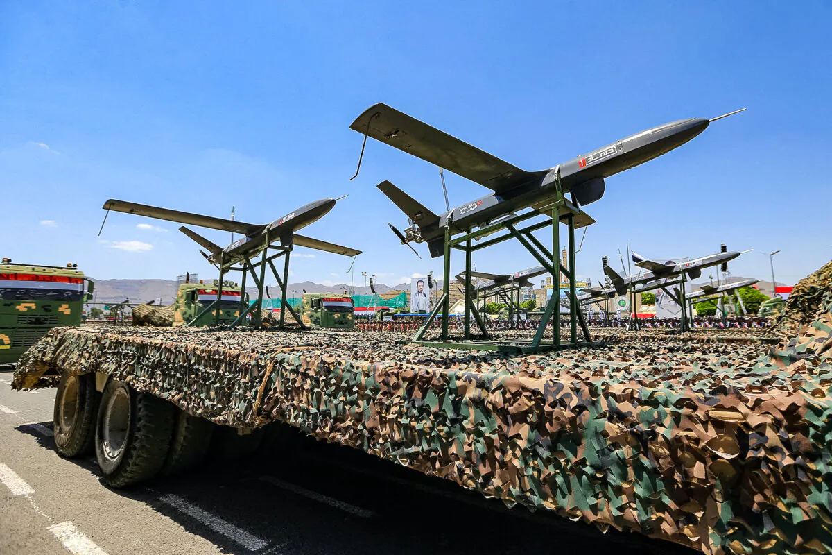 Drones are displayed on the back of a vehicle during an official military parade marking the ninth anniversary of the Houthi takeover of the Yemeni capital, Sanaa, on Sept. 21, 2023. (Mohammed Huwais/AFP via Getty Images)