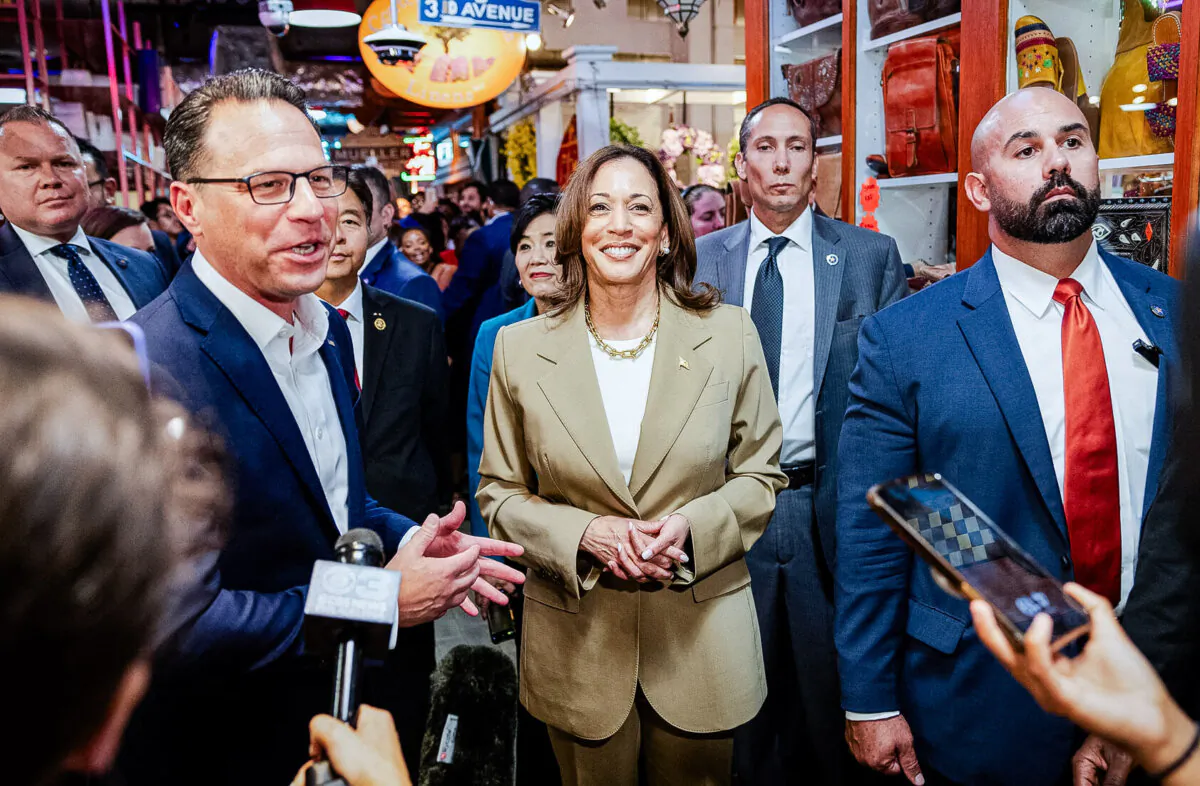 Vice President Kamala Harris and Pennsylvania Gov. Josh Shapiro (L) speak to the press at the Reading Terminal Market in Philadelphia on July 13, 2024. (Ryan Collerd/AFP via Getty Images)