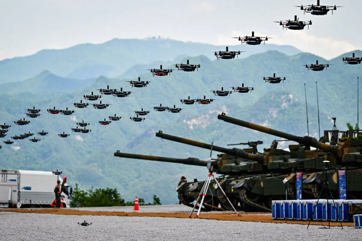 South Korea flies military drones fly in formation during a South Korea–U.S. joint military drill at Seungjin Fire Training Field in Pocheon, Korea, on May 25, 2023. (Yelim Lee/AFP via Getty Images)