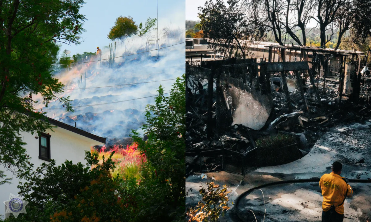 (Left) A brush fire is seen spreading in a suburban neighborhood in San Bernardino, Calif., on Aug. 5, 2024. (Right) Structures detroyed by a brush fire in San Bernardino, Calif., are seen on Aug. 6, 2024. (Courtesy of San Bernardino Police Department)