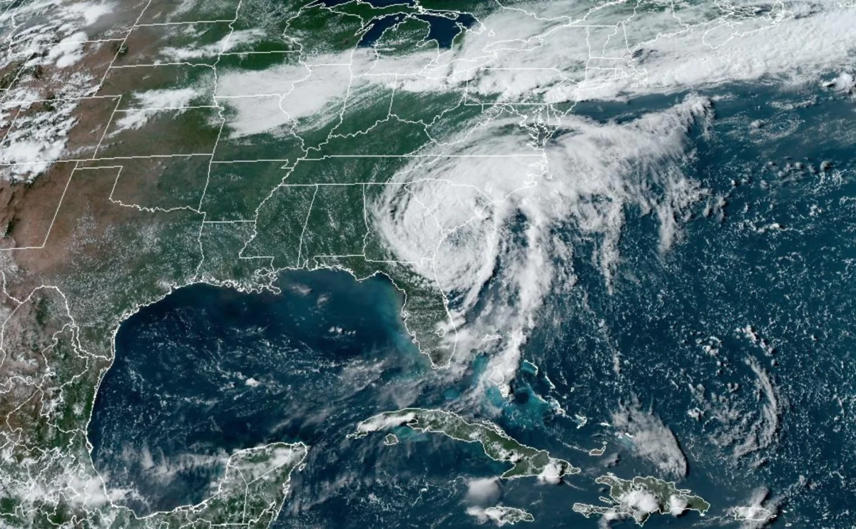 Satellite image of Tropical Storm Debby as it crawls across Georgia and South Carolina as of 5:11 p.m. (EDT) on Aug. 6, 2024. (Screenshot/NOAA/NESDIS/STAR)