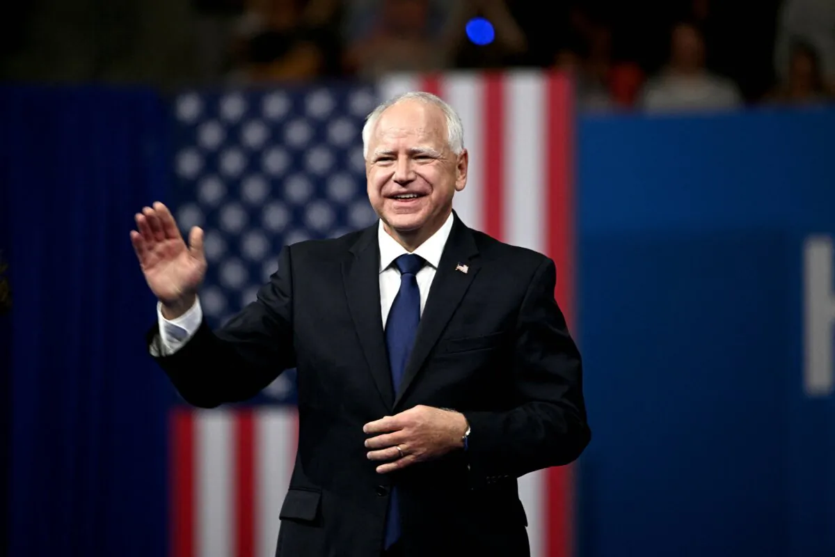 Vice presidential candidate Minnesota Gov. Tim Walz arrives to speak at Temple University's Liacouras Center on the first day of the "Battleground State Tour" in Philadelphia, Pa., on Aug. 6, 2024. (Brendan Smialowski/AFP via Getty Images)