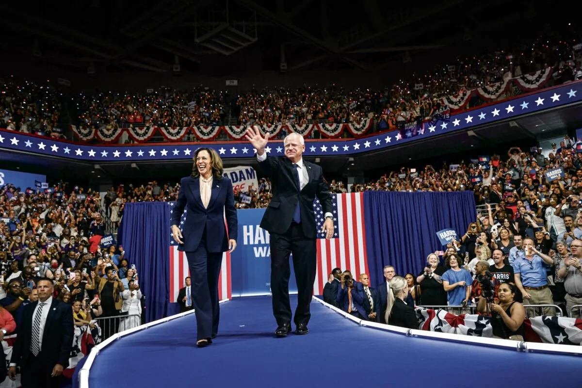 Vice President and 2024 Democratic presidential candidate Kamala Harris and her running mate Minnesota Gov. Tim Walz arrive to speak at Temple University's Liacouras Center in Philadelphia on Aug. 6, 2024, on the first day of their "Battleground State Tour." (Brendan Smialowski/AFP via Getty Images)