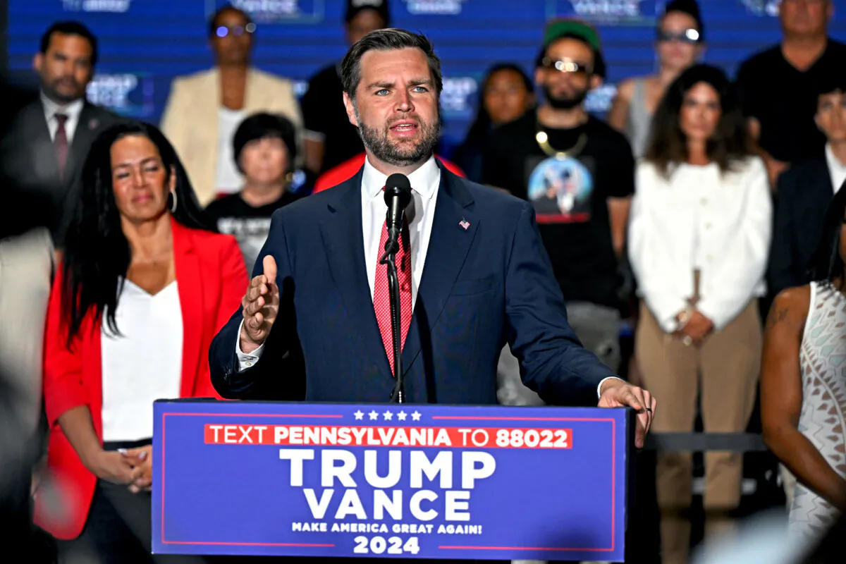 Republican vice presidential nominee JD Vance delivers remarks during a campaign rally at 2300 Arena in Philadelphia on Aug. 6, 2024. (Drew Hallowell/Getty Images)