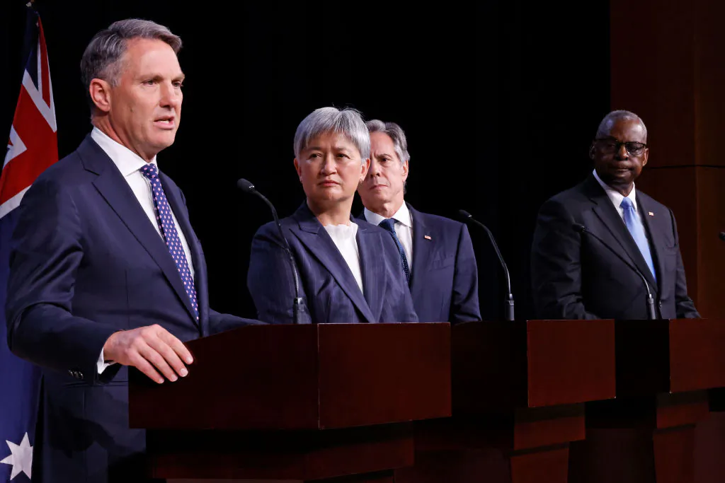Australian Deputy Prime Minister and Minister for Defense Richard Marles, Australian Foreign Minister Penny Wong, U.S. Secretary of State Antony Blinken and Secretary of Defense Lloyd Austin hold a joint news conference during the Australia-U.S. Ministerial Consultations (AUSMIN) at the U.S. Naval Academy in Annapolis, Maryland on Aug. 6, 2024. (Chip Somodevilla/Getty Images)