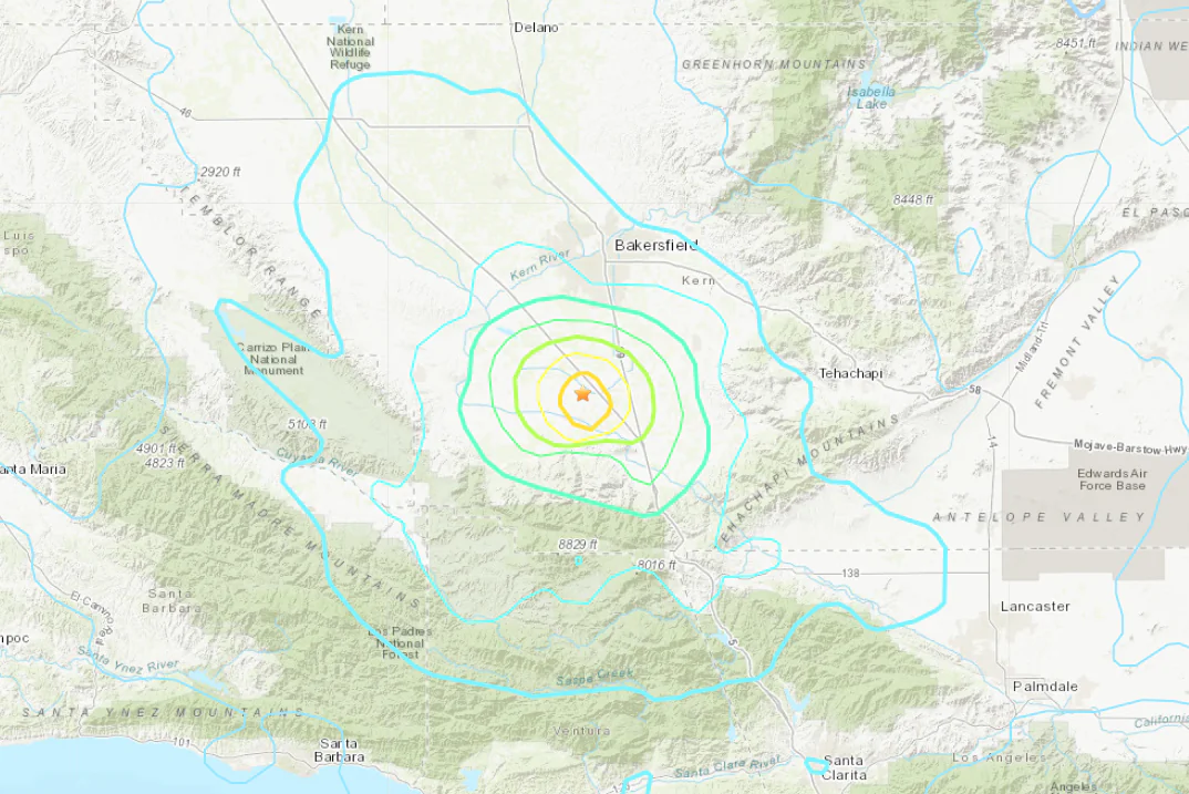 An earthquake with a magnitude of 5.3 hits about 18.5 miles southwest of Bakersfield, Calif., on Aug. 6, 2024. (U.S. Geological Survey/Screenshot via The Epoch Times)