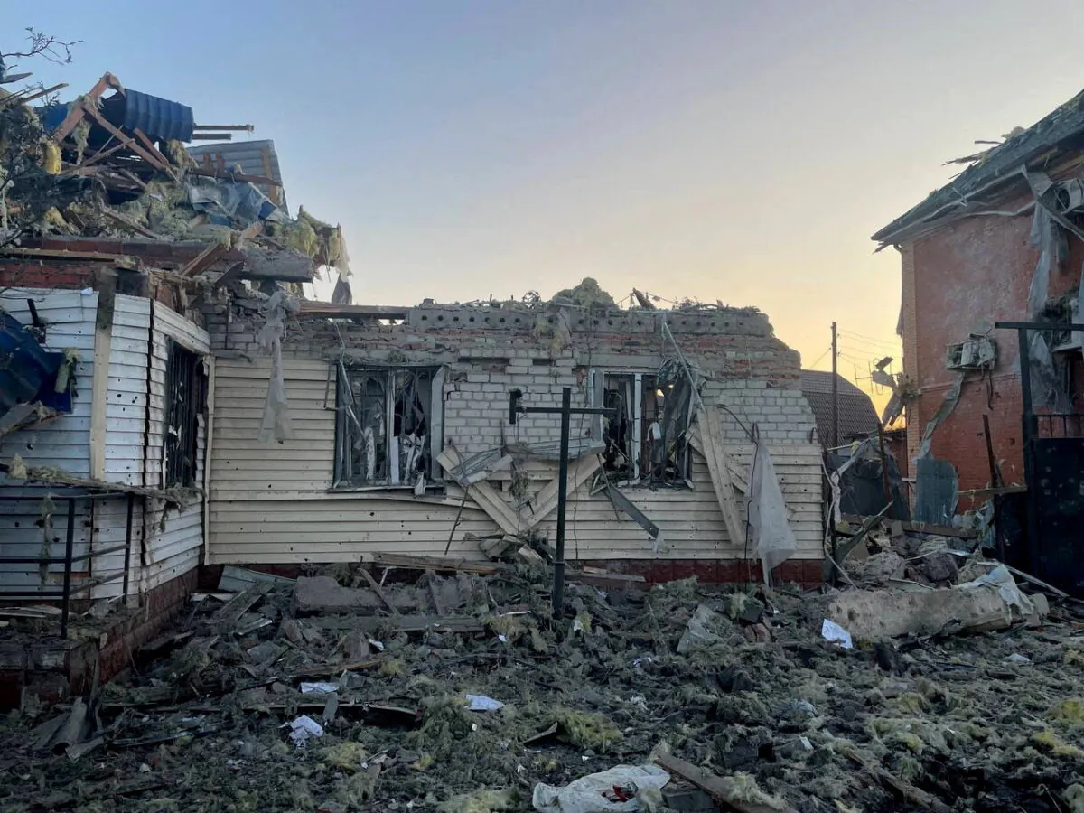 A view shows a damaged house following what local authorities called a Ukrainian military strike in the town of Sudzha in the Kursk Region, Russia, in this image released on Aug. 6, 2024. (Acting Governor of Kursk Region Alexei Smirnov via Telegram/Handout via Reuters)