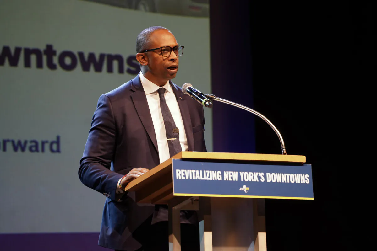 New York Secretary of State Walter Mosley speaks at an economic development forum in Peekskill, N.Y., on Aug. 6, 2024. (Cara Ding/The Epoch Times)