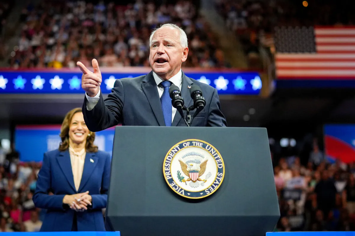 Democratic Party presidential nominee Vice President Kamala Harris and vice presidential candidate Minnesota Gov. Tim Walz appear on stage together during a campaign event at Girard College in Philadelphia on Aug. 6, 2024. (Andrew Harnik/Getty Images)