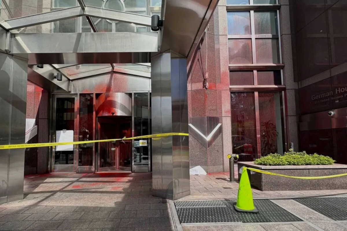 Red paint covers portions of the entrance to the German consulate building, in New York, on June 12, 2024. (Sophie Rosenbaum/AP Photo)