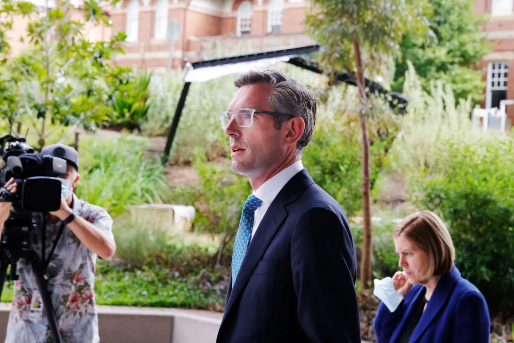 NSW Premier Dominic Perrottet arrives for a Covid-19 update in Sydney, Australia on Jan. 21, 2022. (Jenny Evans/Getty Images)