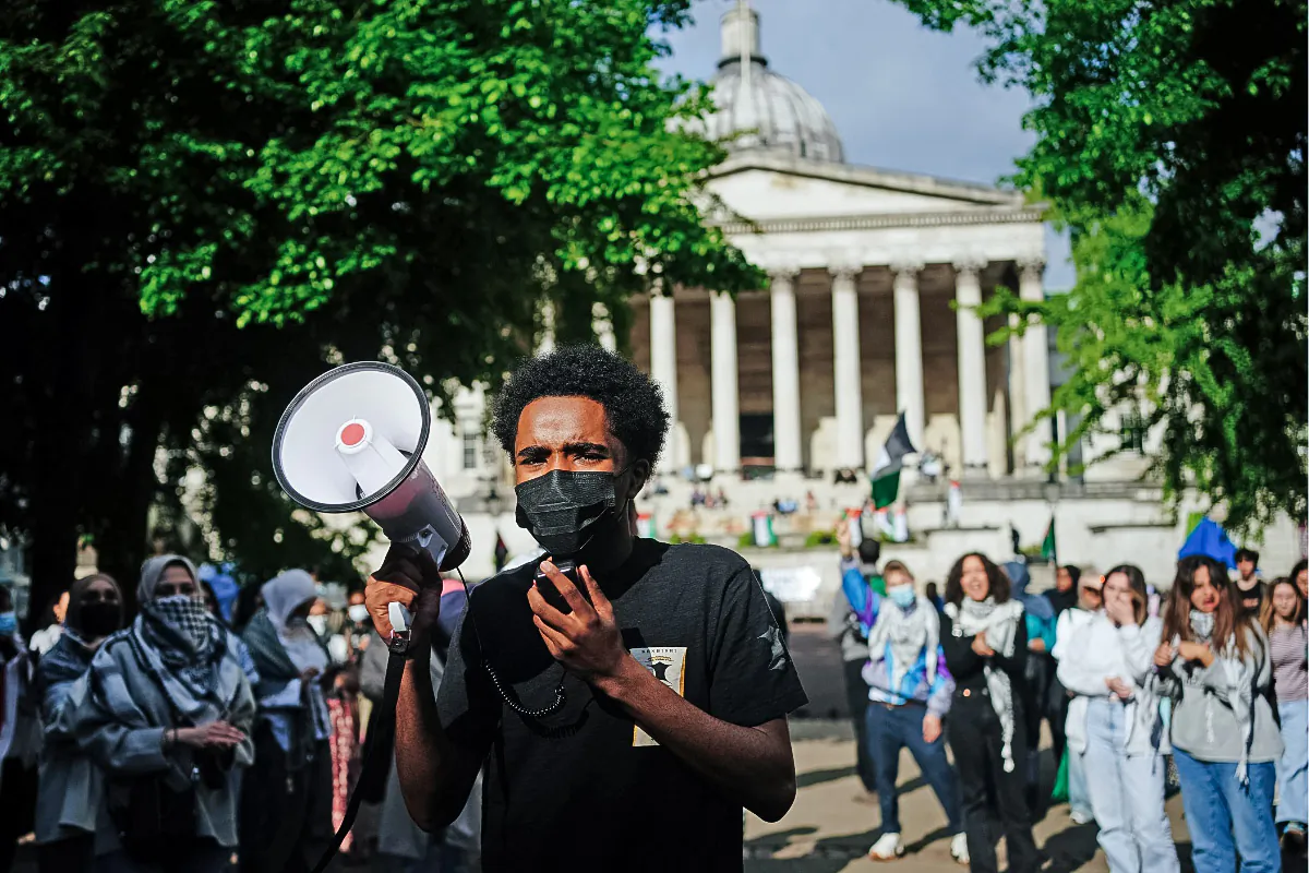Students protest against the Hamas-Israel war taking place in the Gaza Strip at University College London, central London, England, on May 7, 2024. (Victoria Jones/PA Wire)