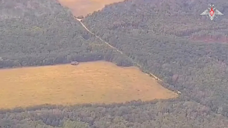 A view shows what is said to be a Russian army strike on Ukrainian military hardware in the area bordering Ukraine in the Kursk Region, Russia, in this still image from video released on Aug. 7, 2024. (Russian Defence Ministry/Handout via Reuters)