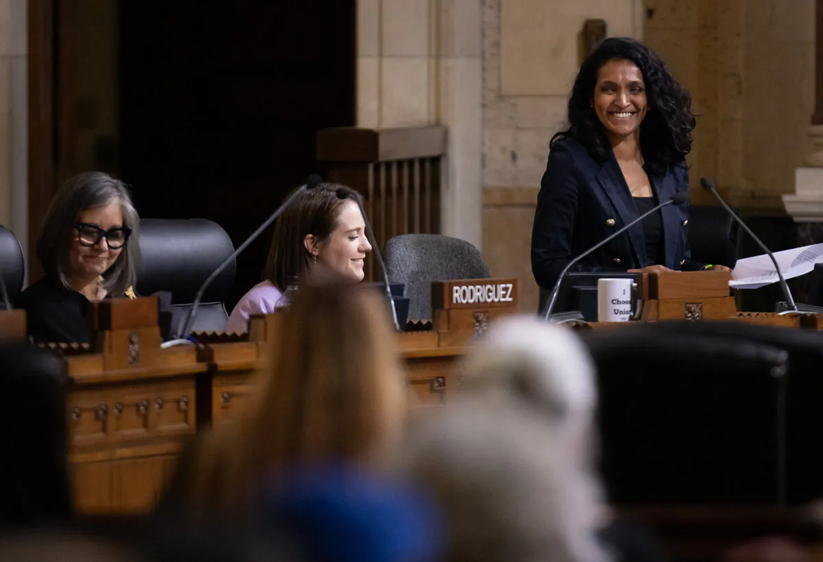 Los Angeles city councilwoman Nithya Raman speaks in Los Angeles, on Aug. 7, 2024. (John Fredricks/The Epoch Times)