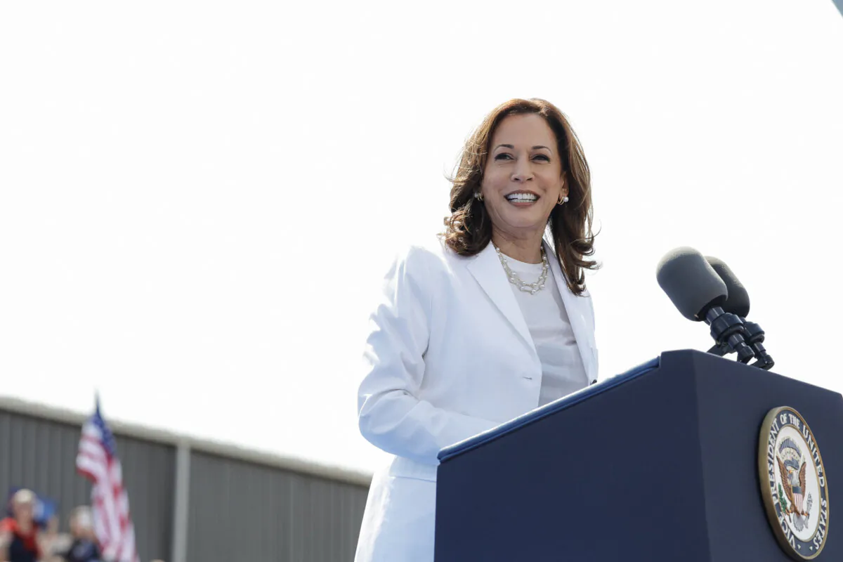 Vice President and 2024 Democratic presidential candidate Kamala Harris speaks during a campaign rally in Eau Claire, Wis., on Aug. 7, 2024. (Kamil Krzaczynski/AFP via Getty Images)