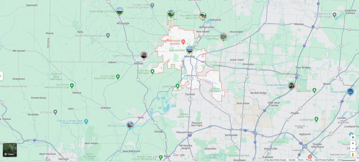 A fire that destroyed a vacant landmark building in a southwestern Ohio community this week is considered suspicious because the building had no utilities, officials said Thursday. (Screenshot via Google Map)