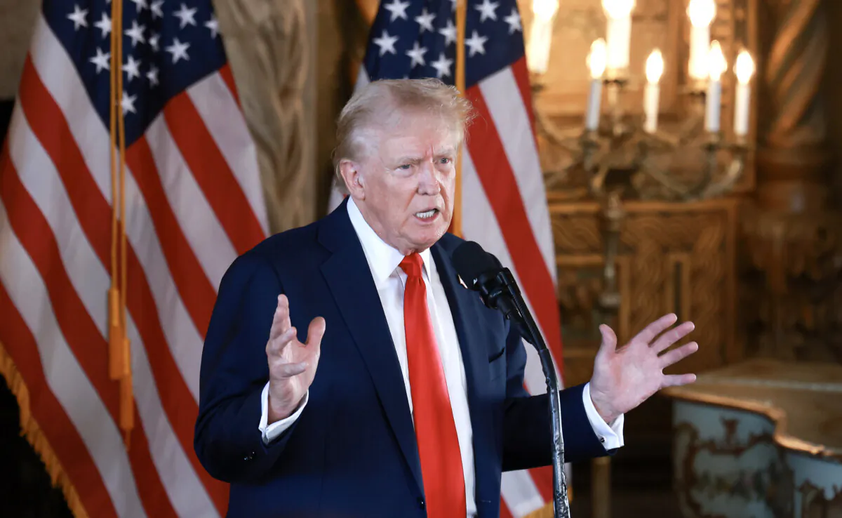 Republican presidential candidate and former President Donald Trump speaks during a press conference at his Mar-a-Lago estate in Palm Beach, Florida, on August 8, 2024. (Joe Raedle/Getty Images)
