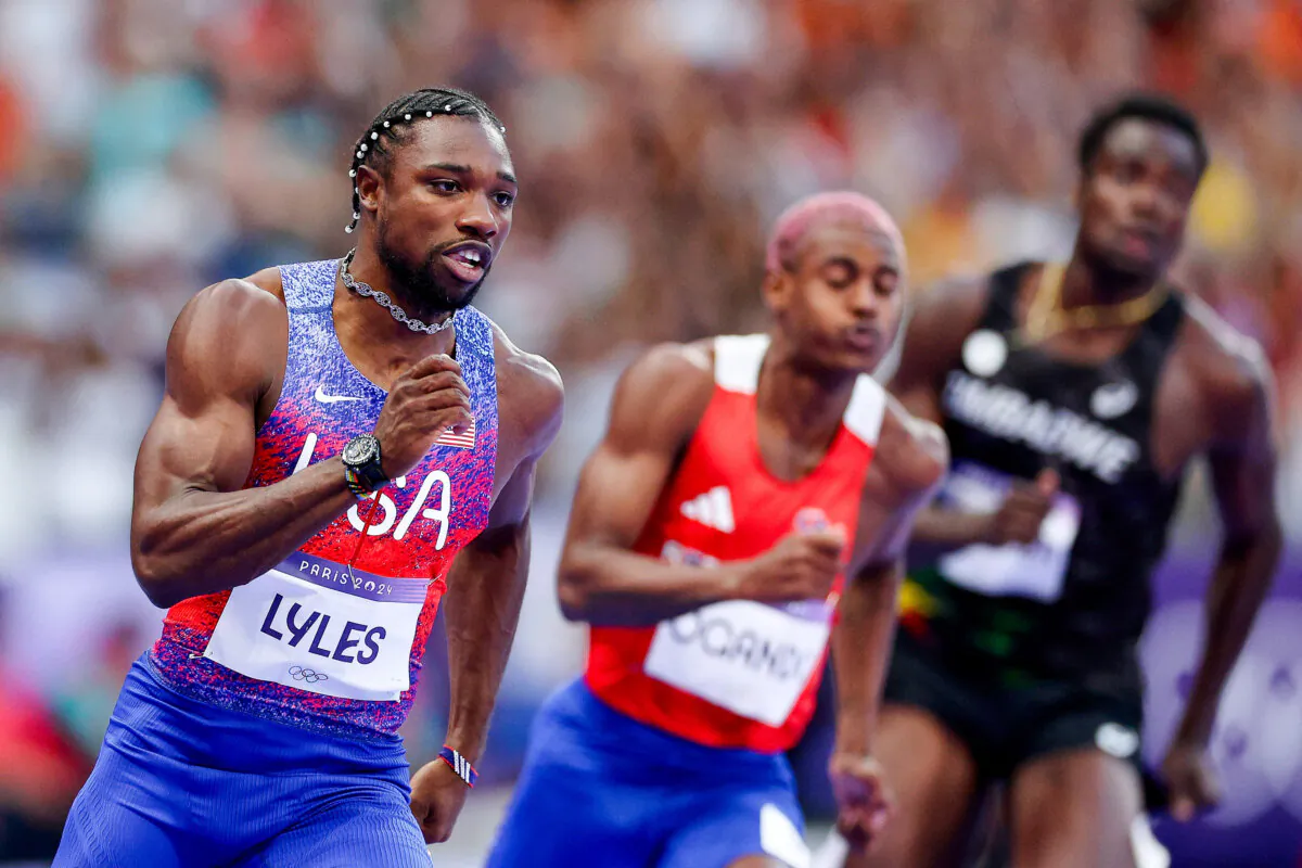 Bronze medalist Noah Lyles of Team United States competes during the men's 200m Final on day 13 of the Olympic Games at Stade de France in Paris on Aug. 8, 2024. (Elsa/Getty Images)