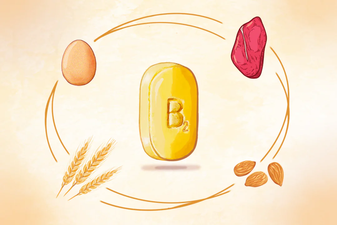 Riboflavin, or vitamin B2, is often overlooked, but it's crucial in preventing anemia, migraine, and nerve problems. (Illustration by The Epoch Times)