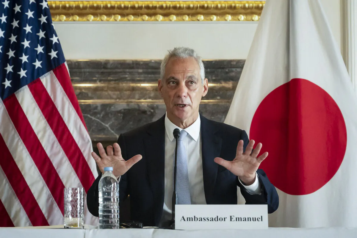 U.S. Ambassador to Japan Rahm Emanuel attends a press conference his residence in Tokyo on April 27, 2023. (Yuichi Yamazaki/AFP via Getty Images)