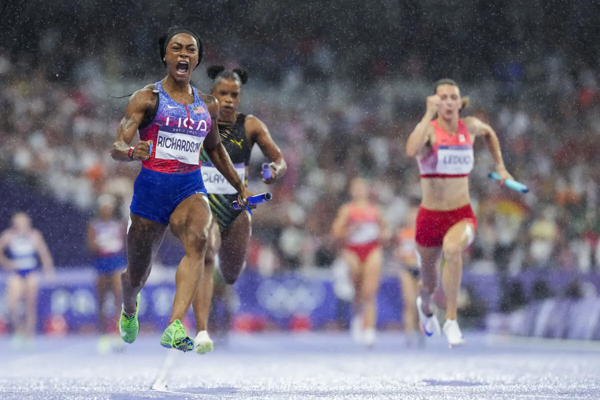 Sha'carri Richardson of the United States celebrates after winning the women's 4 x 100-meter relay final at the 2024 Summer Olympics in Saint-Denis, France, on Aug. 9, 2024. (Petr David Josek/AP Photo)