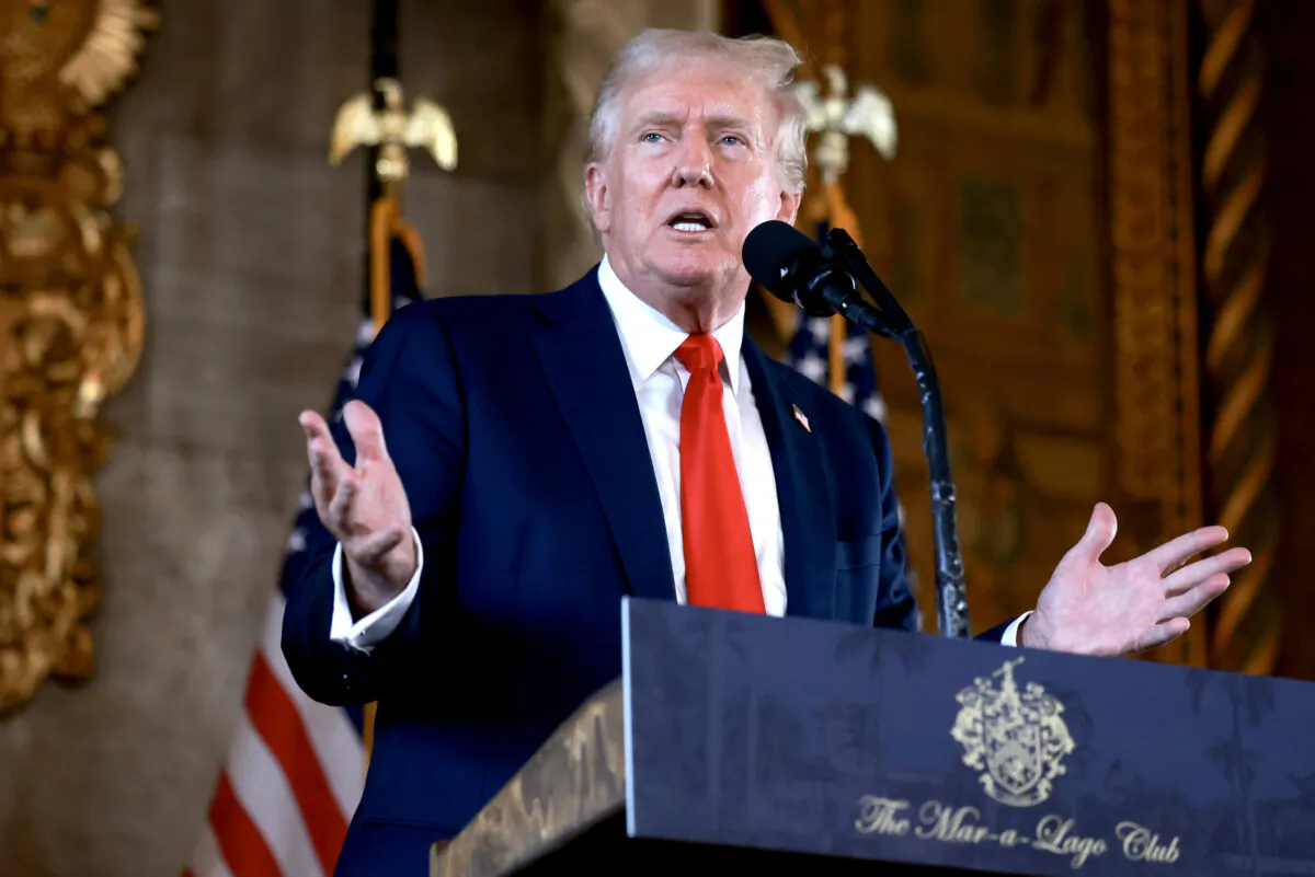 Former President Donald Trump speaks during a press conference at Trump's Mar-a-Lago estate in Palm Beach, Fla., on Aug. 8, 2024. (Joe Raedle/Getty Images)