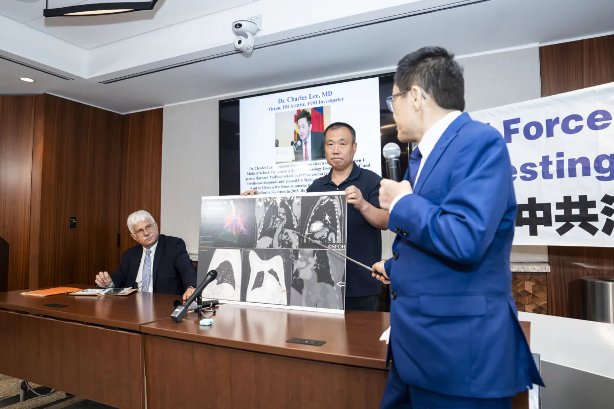 (L–R) Robert Destro, former assistant secretary of state for Democracy, Human Rights, and Labor; Cheng Peiming, a Falun Gong practitioner who had his organs forcibly removed in China; and Dr. Charles Lee, forced organ harvesting investigator, speak during a press conference in Washington on Aug. 9, 2024. (Madalina Vasiliu/The Epoch Times)