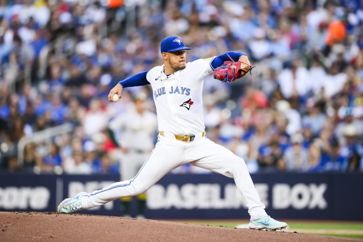Toronto Blue Jays pitcher Jose Berrios throws against the Oakland Athletics during first-inning baseball game action in Toronto on Aug. 9, 2024. (Christopher Katsarov/The Canadian Press via AP)