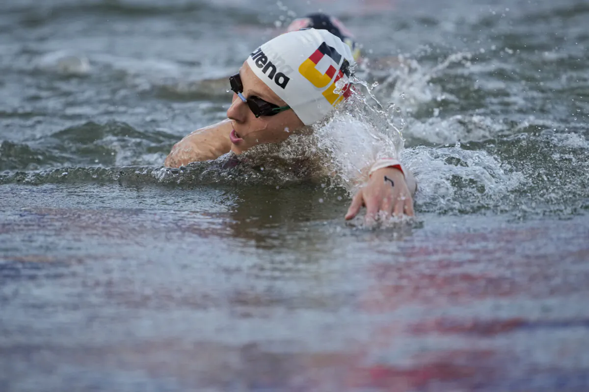 Germany's Leonie Beck competes during the marathon swimming women's 10 kilometers competition at the 2024 Summer Olympics in in Paris, France, on Aug. 8, 2024. (Vadim Ghirda/AP Photo)