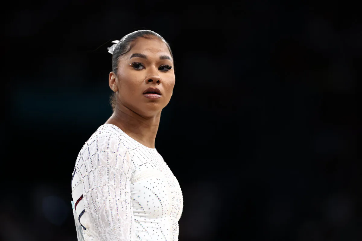 Jordan Chiles of Team United States prior to competing in the Artistic Gymnastics Women's Floor Exercise Final on day ten of the Olympic Games Paris 2024 at Bercy Arena in Paris, France, on Aug. 5, 2024. (Naomi Baker/Getty Images)