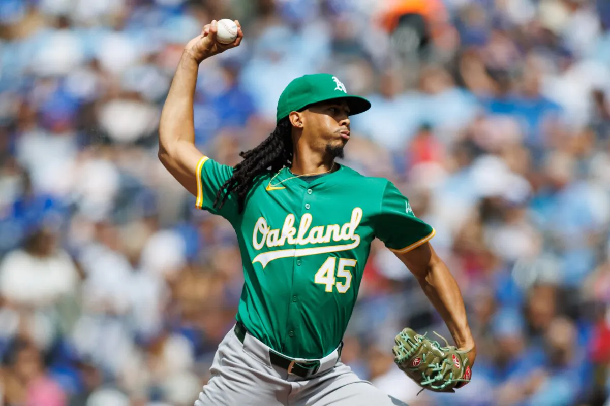 Osvaldo Bido (45) of the Oakland Athletics pitches in the first inning of their MLB game against the Toronto Blue Jays in Toronto on August 10, 2024. (Cole Burston/Getty Images)