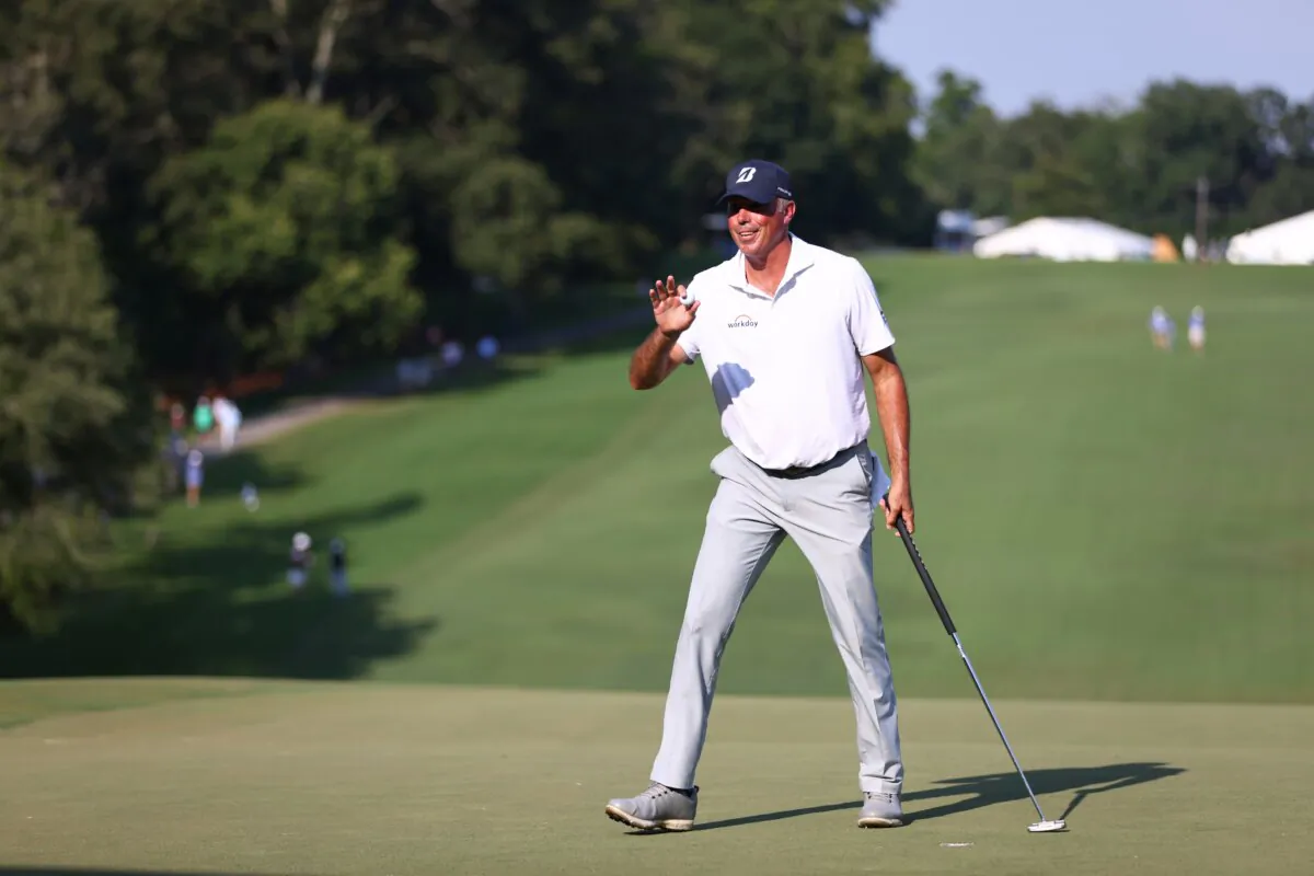 Matt Kuchar of the United States reacts on the 18th green during the second round of the Wyndham Championship in Greensboro, N.C., on Aug. 10, 2024. (David Jensen/Getty Images)