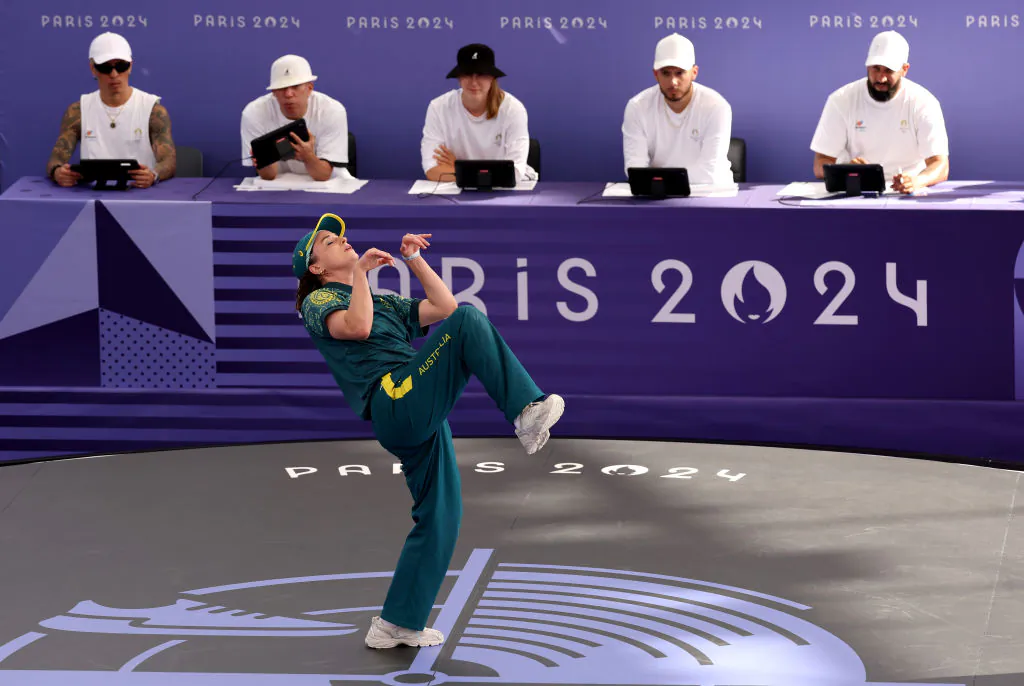 B-Girl Raygun of Team Australia 
competes during the B-Girls Round Robin - Group B on day 14 of the Olympic Games Paris 2024 at Place de la Concorde in Paris, France, on Aug. 9, 2024. (Ezra Shaw/Getty Images)