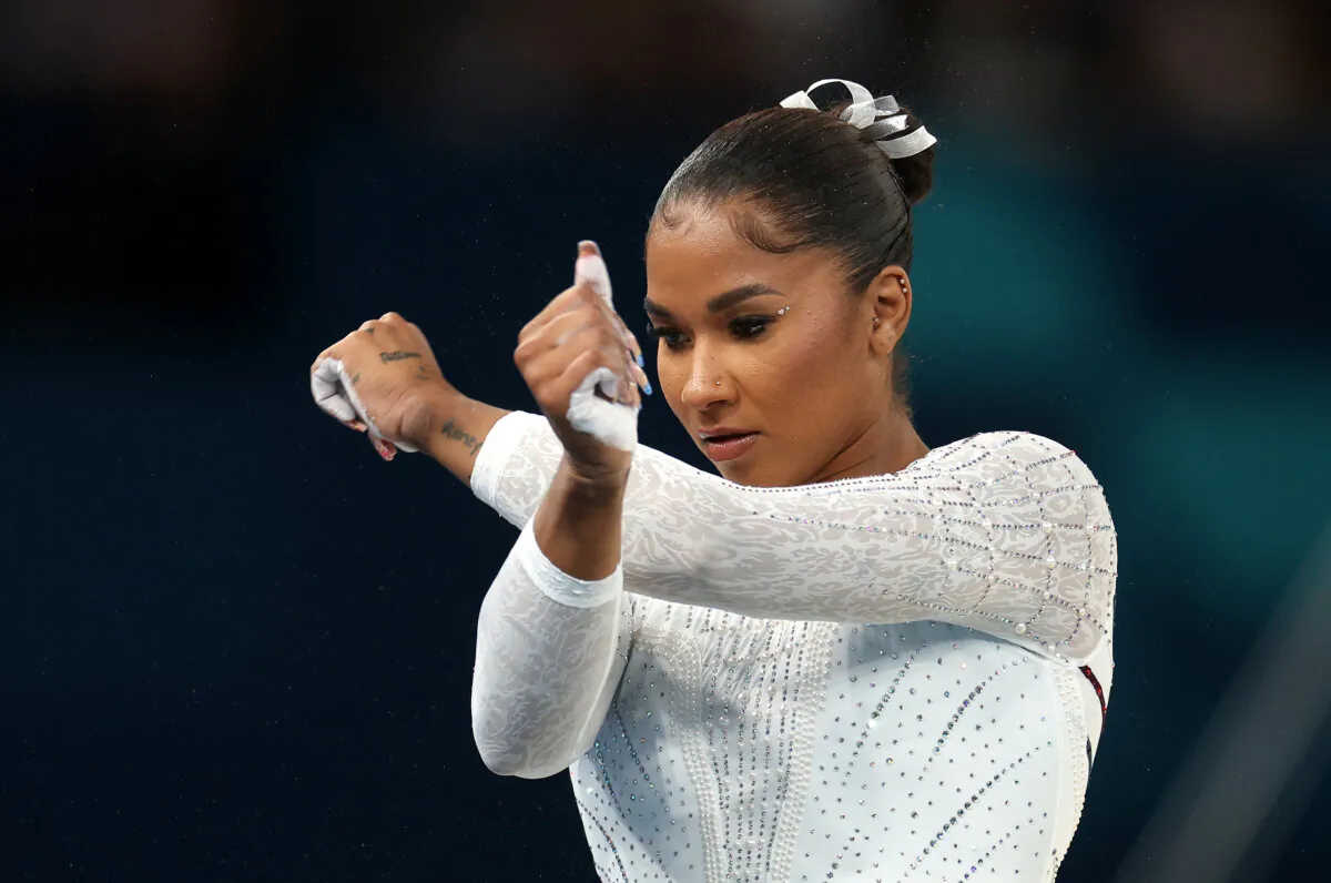 Jordan Chiles of the United States competes in the artistic gymnastics women's floor exercise final on Day 10 of the Summer Olympics at Bercy Arena in Paris on Aug. 5. (Jamie Squire/Getty Images)