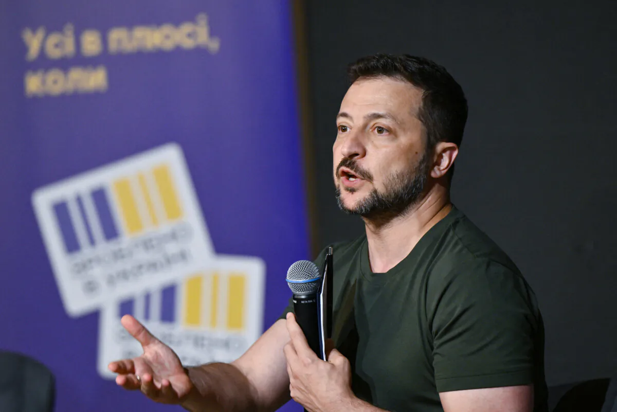Ukrainian President Volodymyr Zelensky speaks during a meeting in Kovel, Ukraine on July 30, 2024. (Genya SAVILOV / AFP via Getty Images)