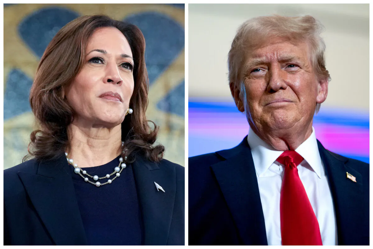 (Left) The Democratic presidential nominee, Vice President Kamala Harris, waits to speak at a campaign rally at United Auto Workers Local 900 in Wayne, Mich., on Aug. 8, 2024. (Right) The Republican Presidential nominee, former President Donald Trump, arrives to speak at a rally at Herb Brooks National Hockey Center in St. Cloud, Minn., on July 27, 2024. (Andrew Harnik, Stephen Maturen/Getty Images)