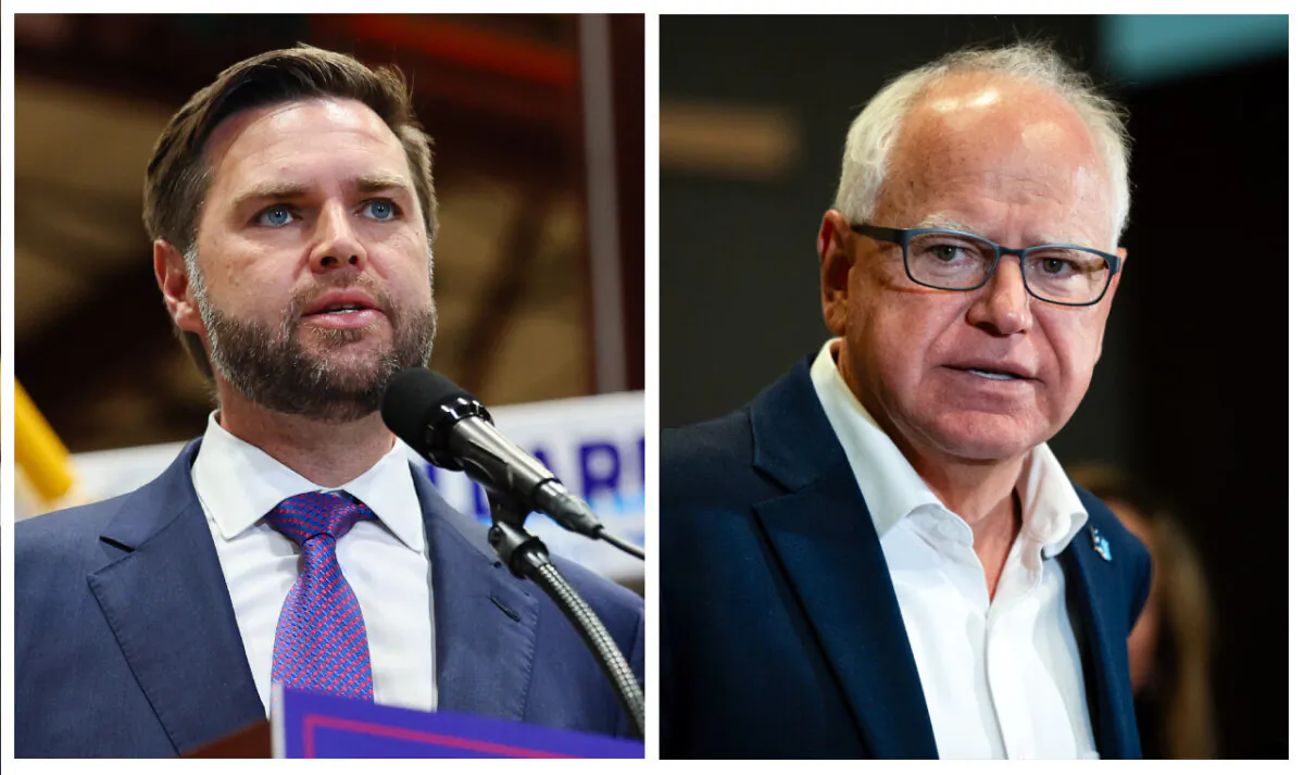 (Left) Republican vice presidential candidate Sen. JD Vance (R-Ohio). (Right) Democratic
vice presidential candidate Minnesota Gov. Tim Walz. (Adam Bettcher/Stephen
Maturen/Getty Images)