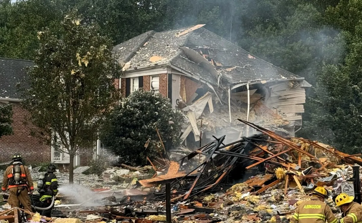 Debris on a street after an apparent house explosion in Harford County, Md., on Aug. 11, 2024. (Joppa Magnolia Volunteer Fire Company via AP)