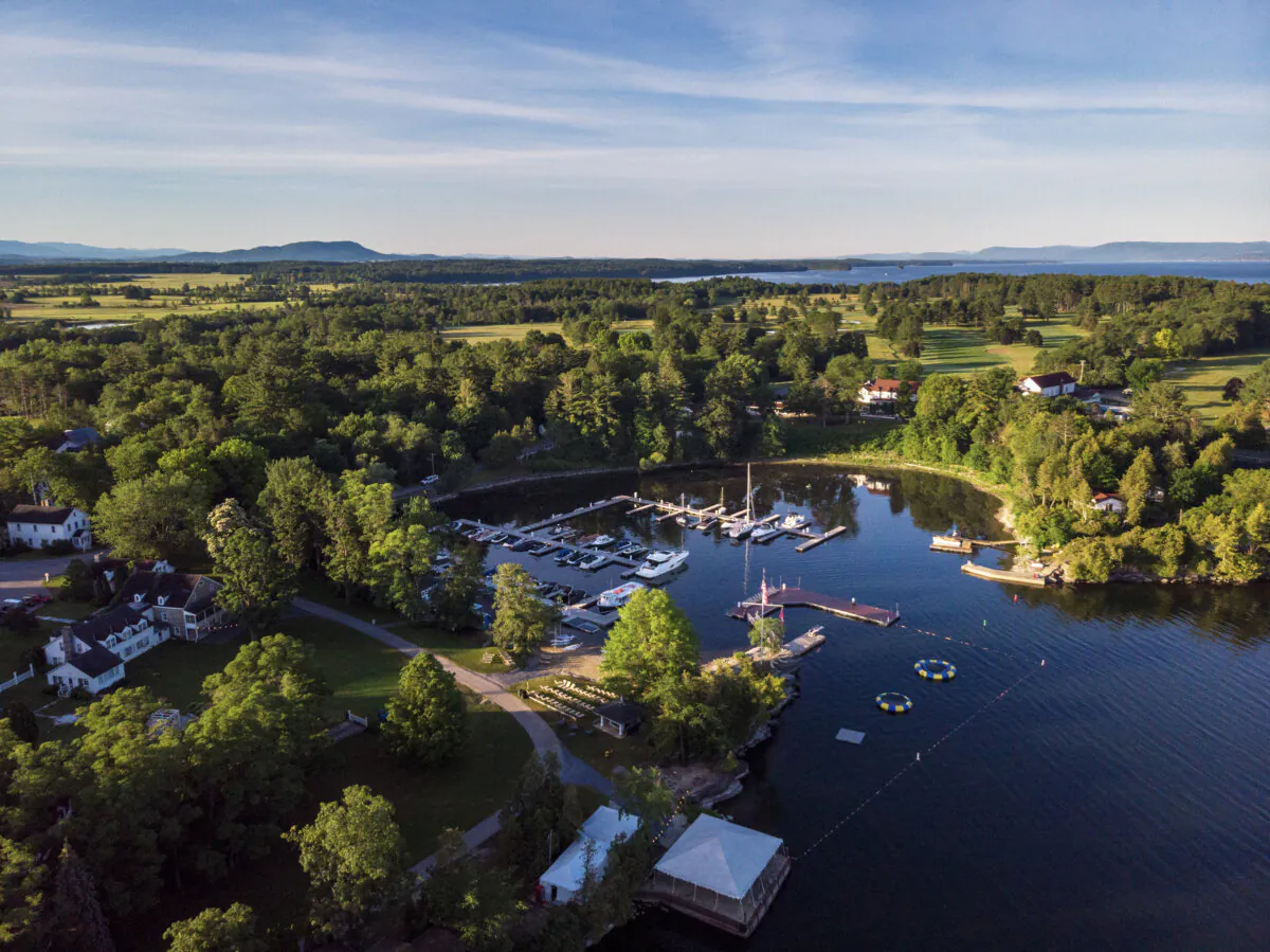 An aerial view of Basin Harbor Resort and Boat Club, located on the shores of Lake Champlain. (Courtesy of Basin Harbor/ Sundog Media)