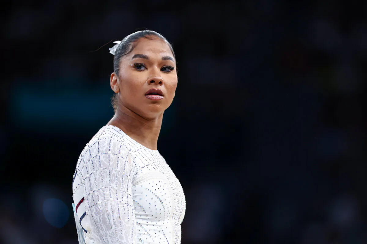 Jordan Chiles of Team USA before competing in the Artistic Gymnastics Women's Floor Exercise Final on day 10 of the 2024 Olympic Games at Bercy Arena in Paris on Aug. 5, 2024. (Naomi Baker/Getty Images)