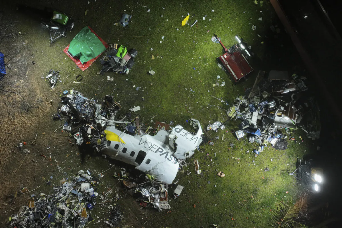 The debris at the site where an airplane crashed in Vinhedo, Sao Paulo state, Brazil, early on Aug. 10, 2024. (Andre Penner/AP Photo)