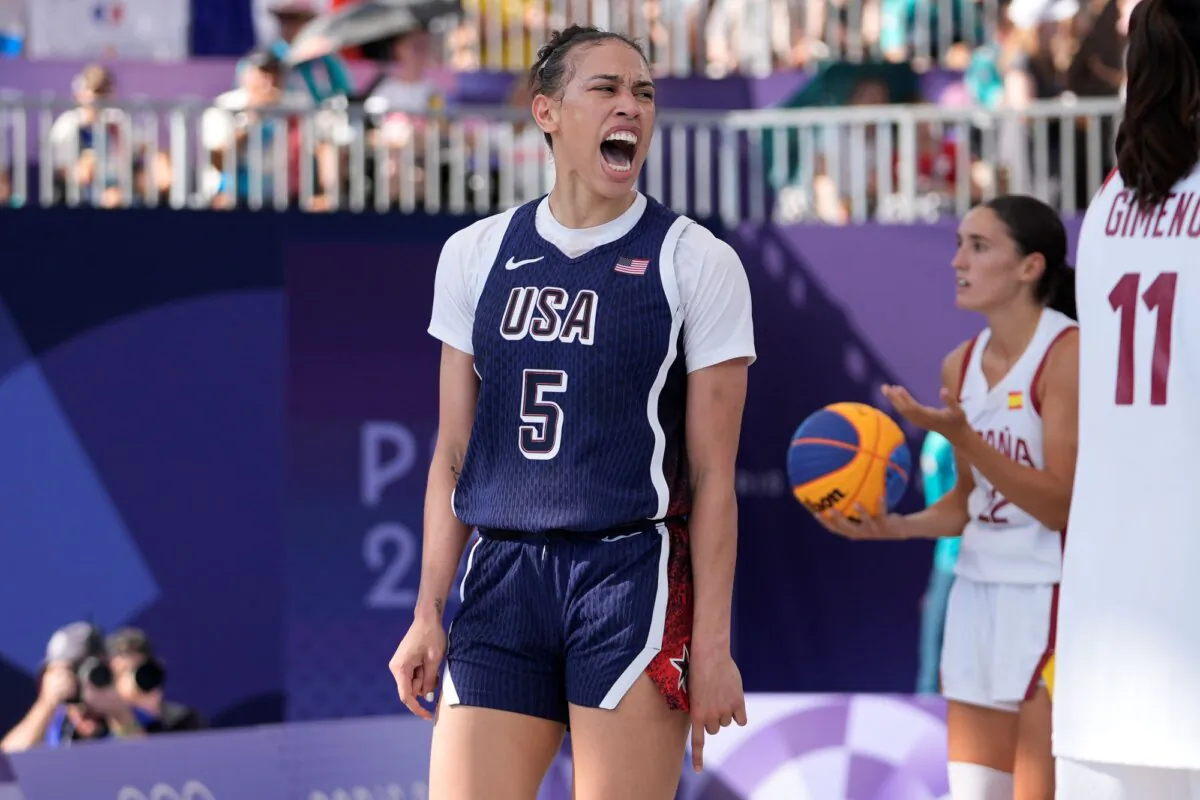 Team USA's Dearica Hamby celebrates during a women's 3x3 basketball semifinal game against Spain at the Summer Olympics in Paris on Aug. 5, 2024. (Frank Franklin II/AP Photo)