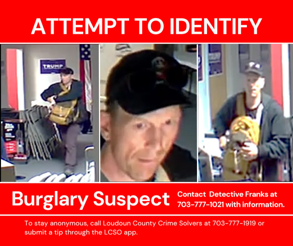 The Loudoun County Sheriff’s Office released photos of a suspect sought in a burglary at a Trump campaign office in Loudoun County, Va., on Aug. 12, 2024. (Courtesy of the Loudoun County Sheriff’s Office)
