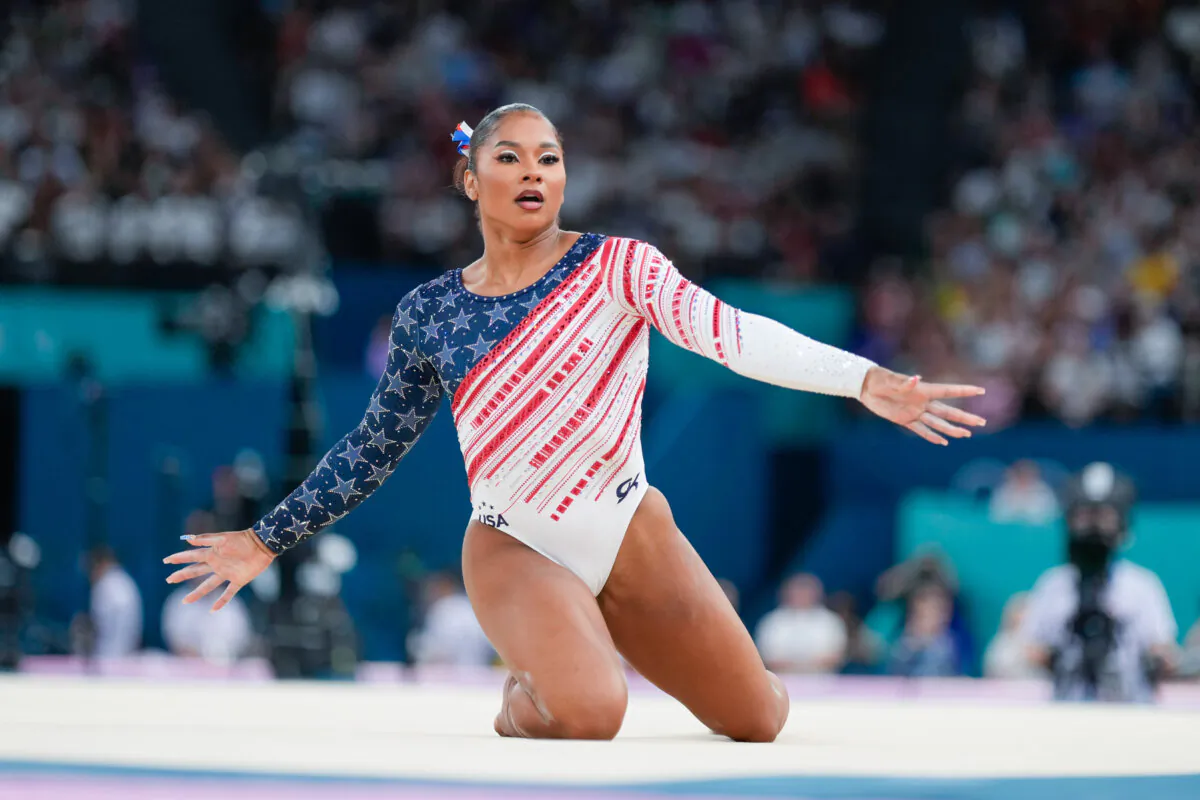 Jordan Chiles of the United States performs on the floor during the women's artistic gymnastics team finals round at Bercy Arena at the 2024 Summer Olympics in Paris, France on July 30, 2024. (Charlie Riedel/AP Photo)