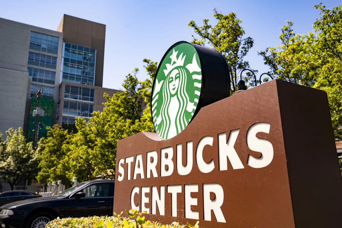 A sign outside of the Starbucks headquarters is seen at Starbucks Center in Seattle on July 3, 2024. (David Ryder/Getty Images)