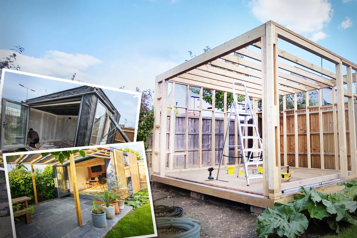 Before and after photos of a home-built garden office. (Illustration by The Epoch Times; SWNS)