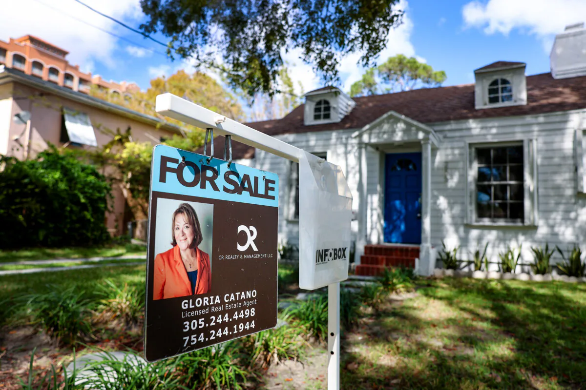 A 'For Sale' sign displayed in front of a home in Miami, Fla., on Feb. 22, 2023. (Joe Raedle/Getty Images)