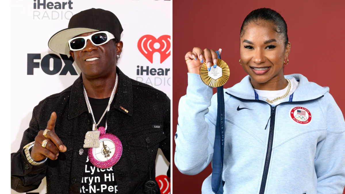 (Left) Flavor Flav attends the 2024 iHeartRadio Music Awards in Los Angeles, Calif., on April 01, 2024 (Jesse Grant/Getty Images for iHeartRadio) (Right) Jordan Chiles poses on the Today Show Set in Paris, France, on Aug. 2, 2024. (Kristy Sparow/Getty Images)
