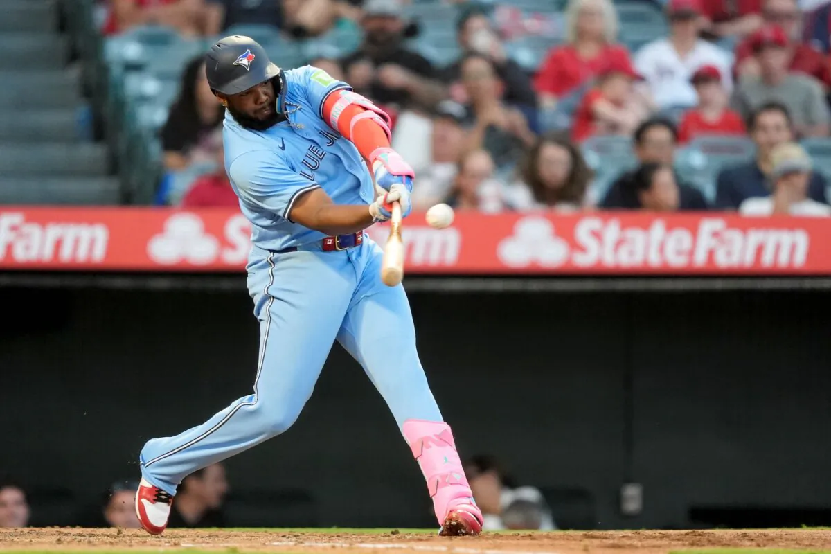 The Blue Jays' Vladimir Guerrero Jr. bashes a home run against the Angels in Anaheim, Calif., on Aug. 13, 2024. (Ryan Sun/AP Photo)