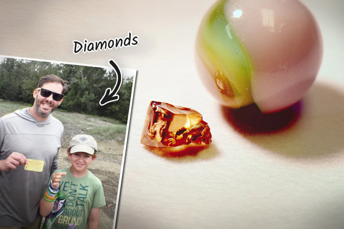 A father and son on a boys only road trip found a 2-carat diamond at a state park in July. (Illustration by The Epoch Times, Courtesy of Arkansas State Parks)